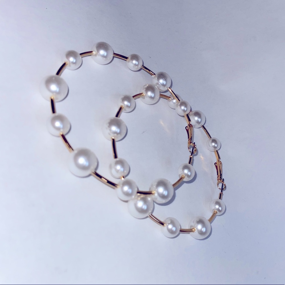 Big Floating Pearl Hoops. - Picture 4 of 6
